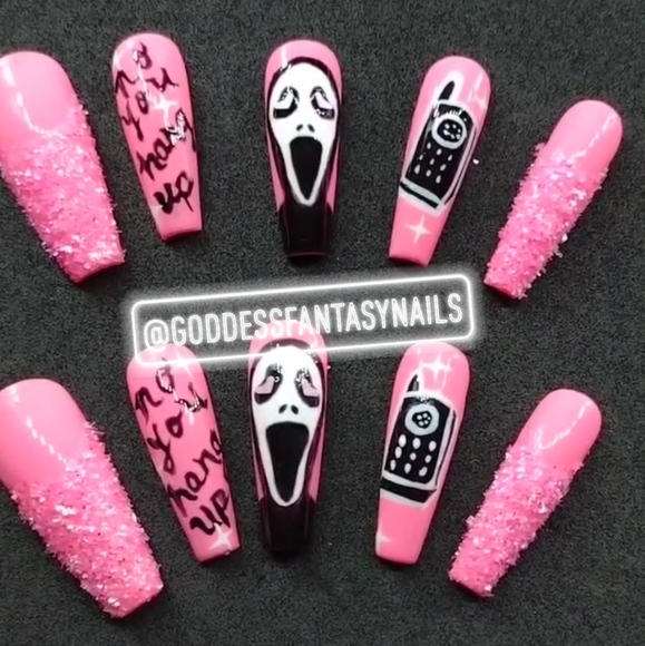 Pink Ghost Face 'No You Hang Up' Nails - Picture 1 of 4